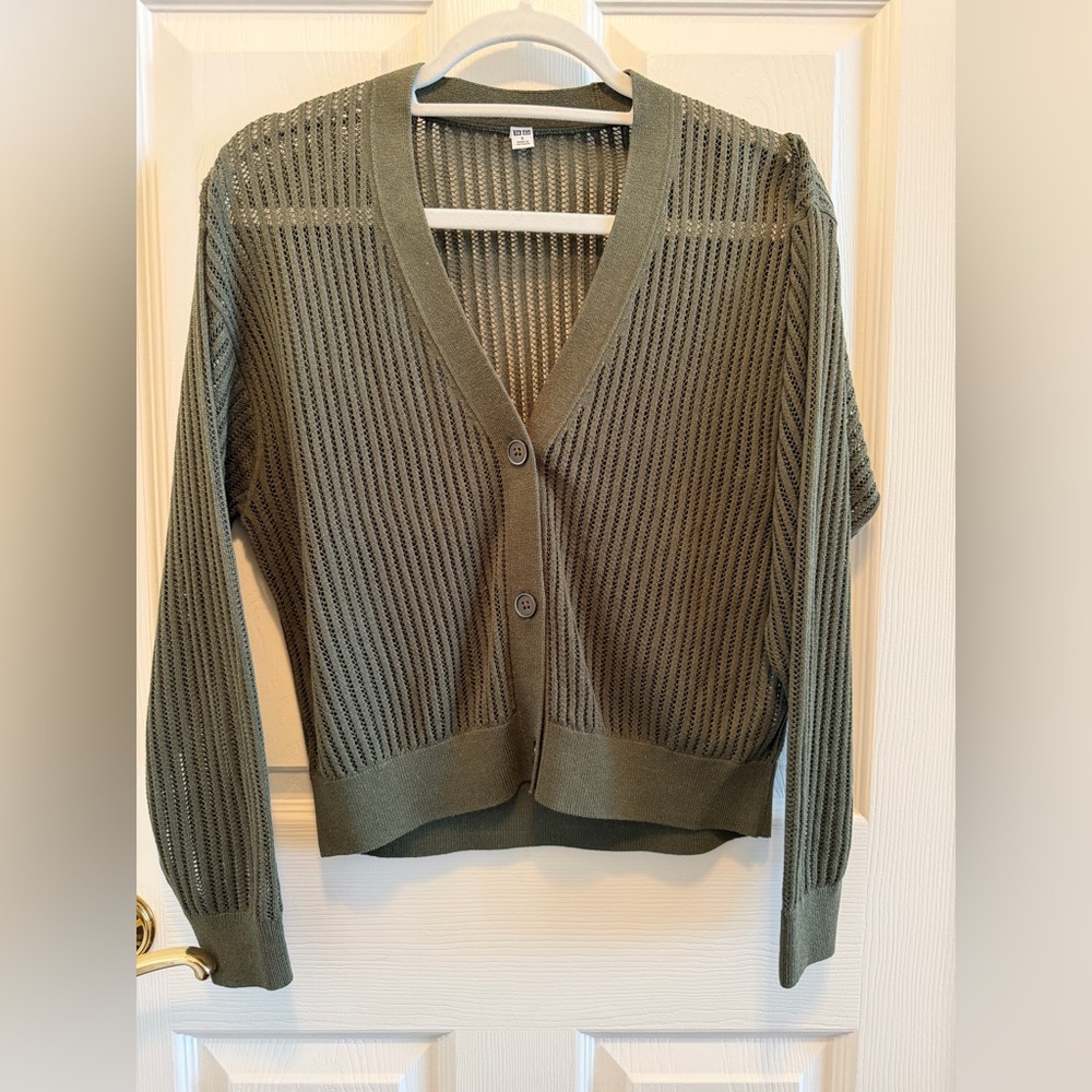 Uniqlo Olive Mesh Short Cardigan Knit Sweater